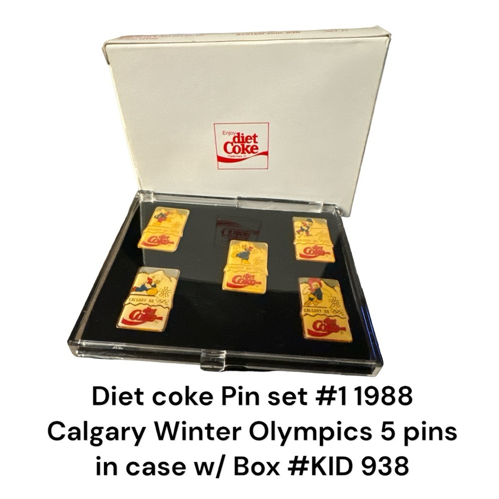 Diet coke Pin set #1 1988 Calgary Winter Olympics 5 pins in case w/ Box #KID 938